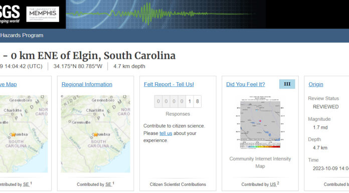 Another Aftershock Rattles Small Town West of Charleston – The 65th Elgin Earthquake In 2 Years