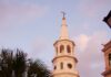 Charleston’s 186-Foot St. Michael’s Steeple Has an Earthquake Story Behind Its 275-Year Milestone St. Michael’s Church and its white steeple at Meeting and Broad streets in Charleston, photographed at sunset in August 2012.