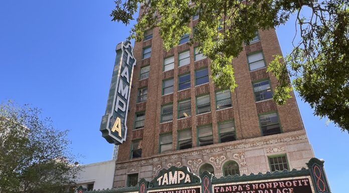 Tampa Theatre Turns 100 This Week After a $24.5 Million Restoration Tampa Theatre’s Franklin Street facade and marquee in an April 2024 file photograph, before the 2026 auditorium restoration.