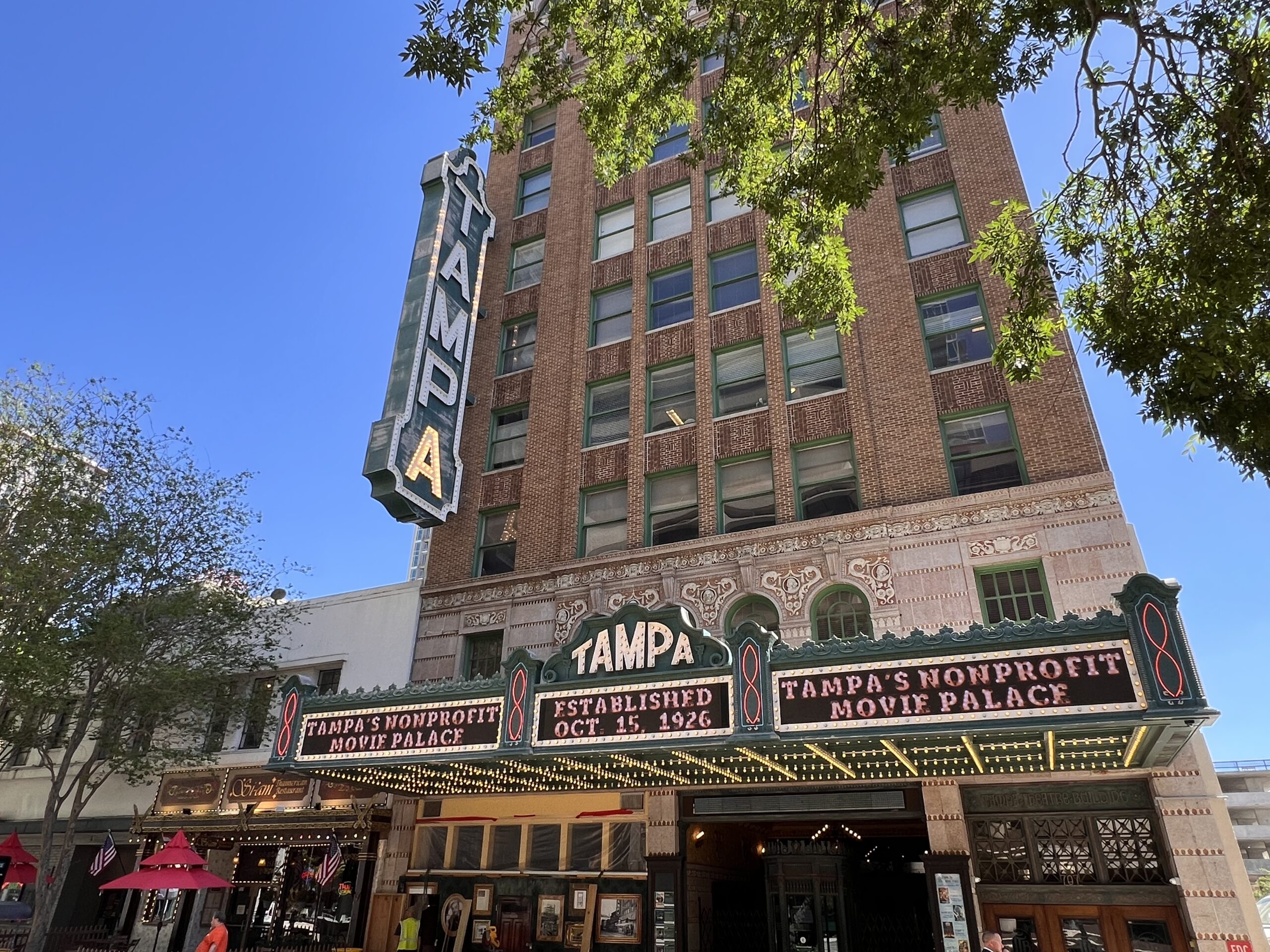 Tampa Theatre’s Franklin Street facade and marquee in an April 2024 file photograph, before the 2026 auditorium restoration.